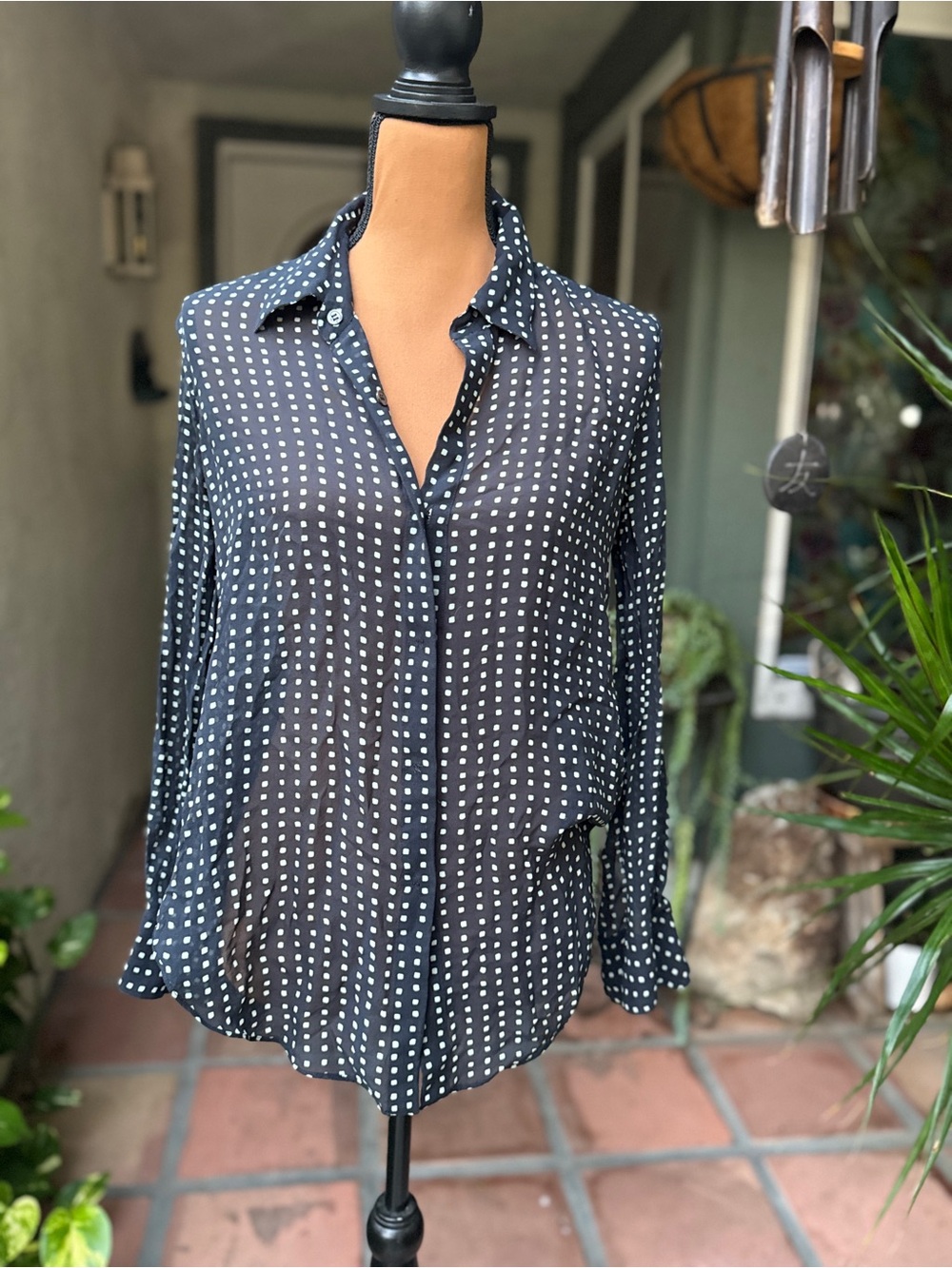 Theory Black Button-Down Shirt with White Polka Dots